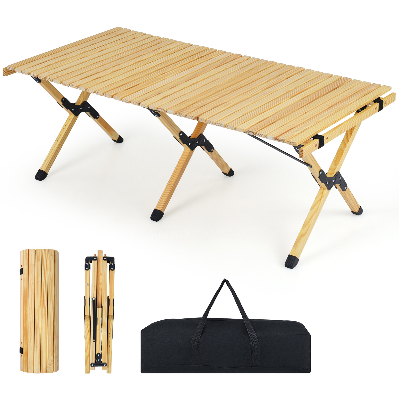 Costway Table de Camping Pliante en Bois Table de Pique-nique 4-6 Personnes Plateau à Lattes Enroulable Sac de Transport 122 x 60 x 45 cm Naturel