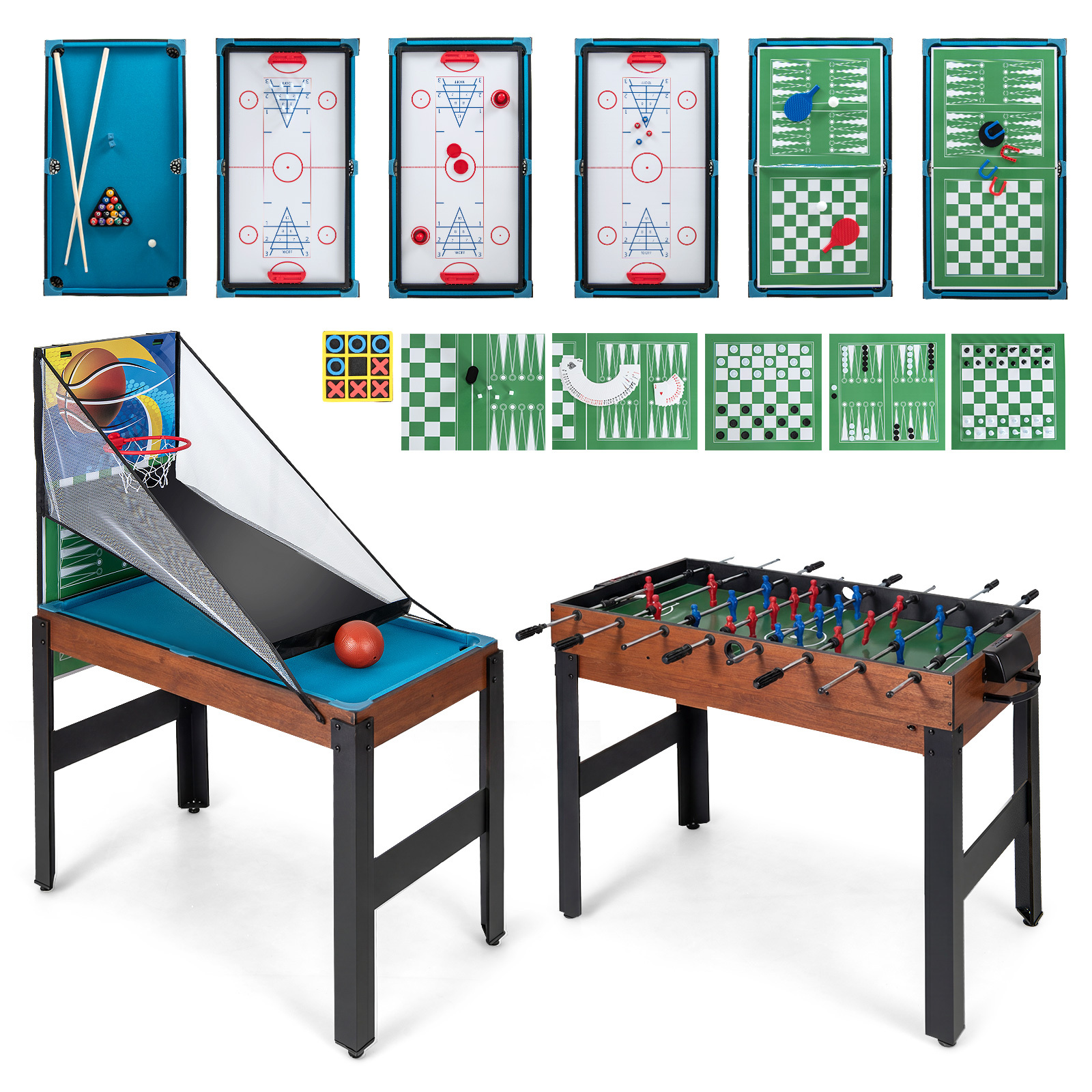 Costway Table de Jeux 15 en 1 Combinée Kit Combiné de Basket et de Baby-foot Hockey Billard Ping-pong Bowling Jeu de Palets Échecs Dames Naturel