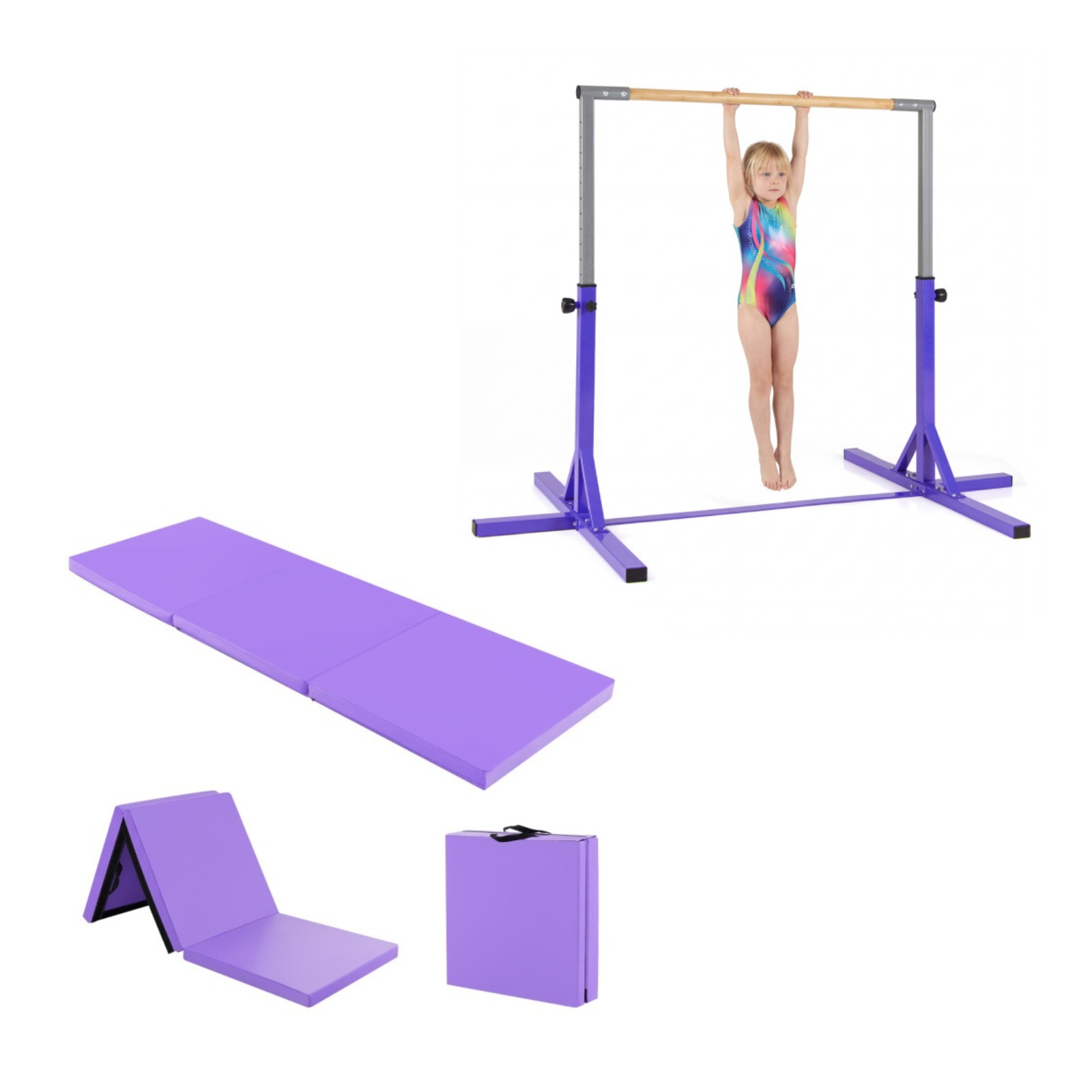 Costway Tapis d'Exercice Pliable en 3 Parties Tapis Violet + Barre de Gymnastique avec 12 Hauteurs Réglables (85-145cm) Charge 65kg Violet