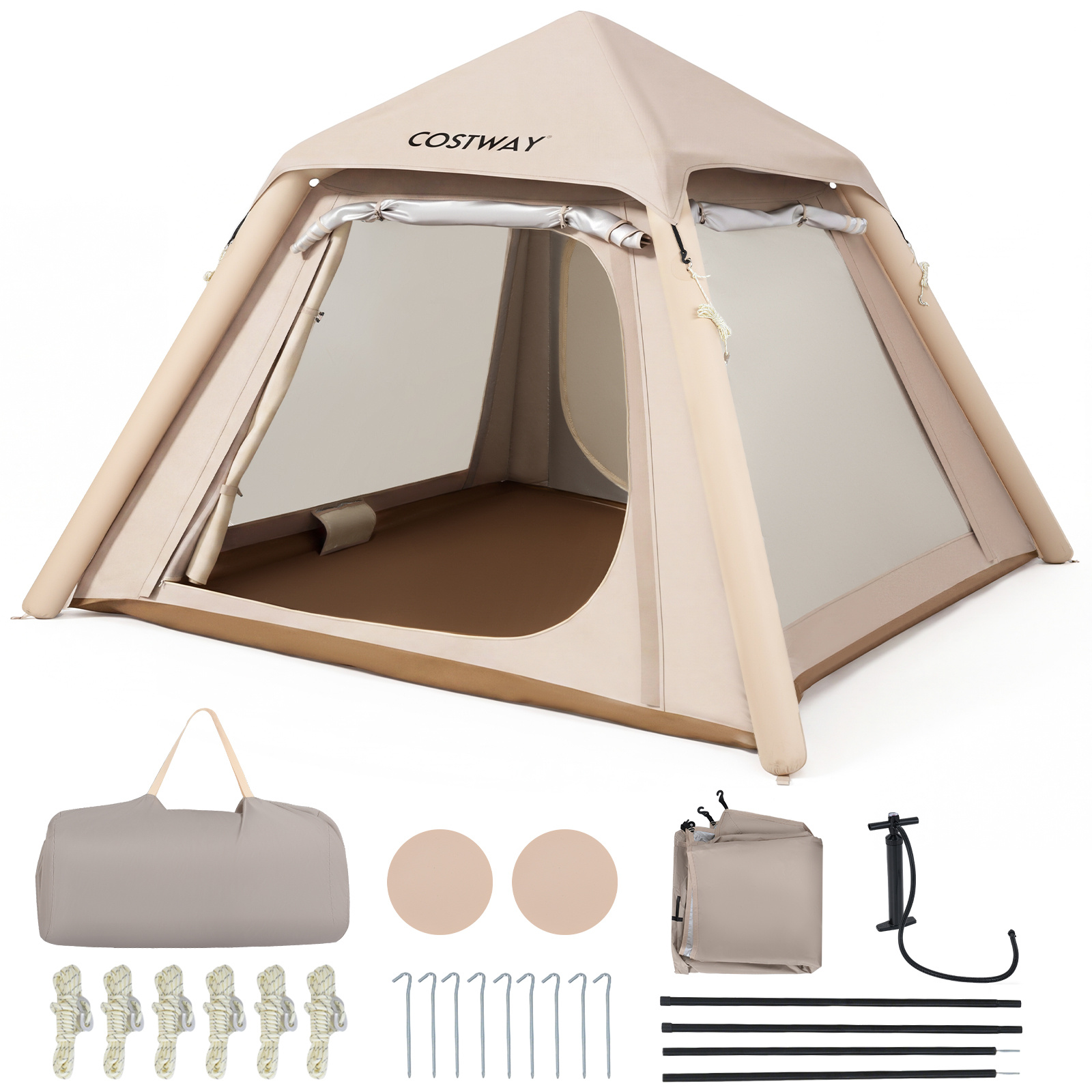 Costway Tente Gonflable Automatique pour 2-4 Personnes avec Pompe 2 Portes Fenêtres en Filet&Toit Amovible UPF50+&Étanche 230x230x163CM Kaki
