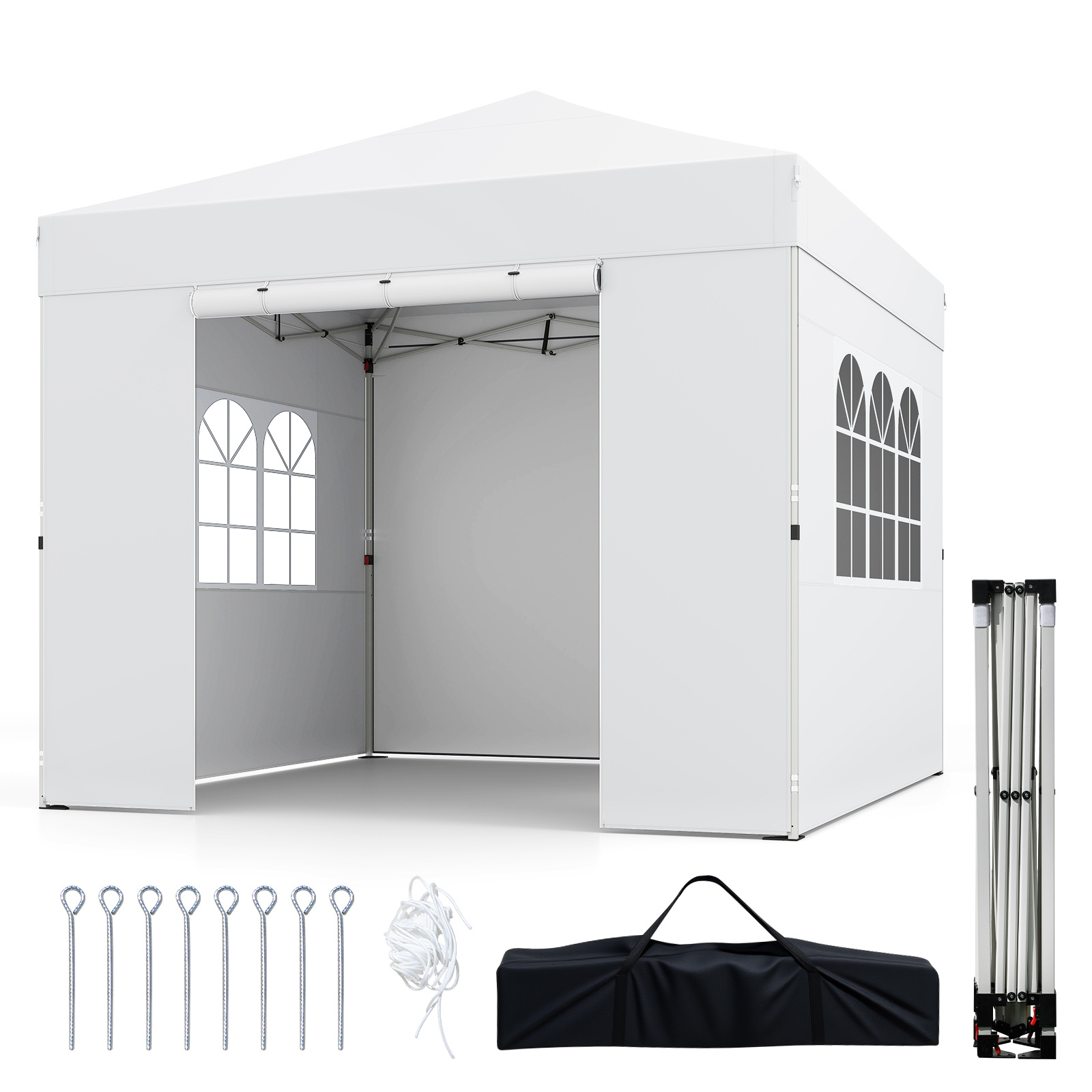 Costway Tonnelle Pliante 3 x 3 m Tonnelle de Jardin avec Parois Latérales Amovibles Hauteur Réglable Sac de Transport Tente Imperméable Blanc