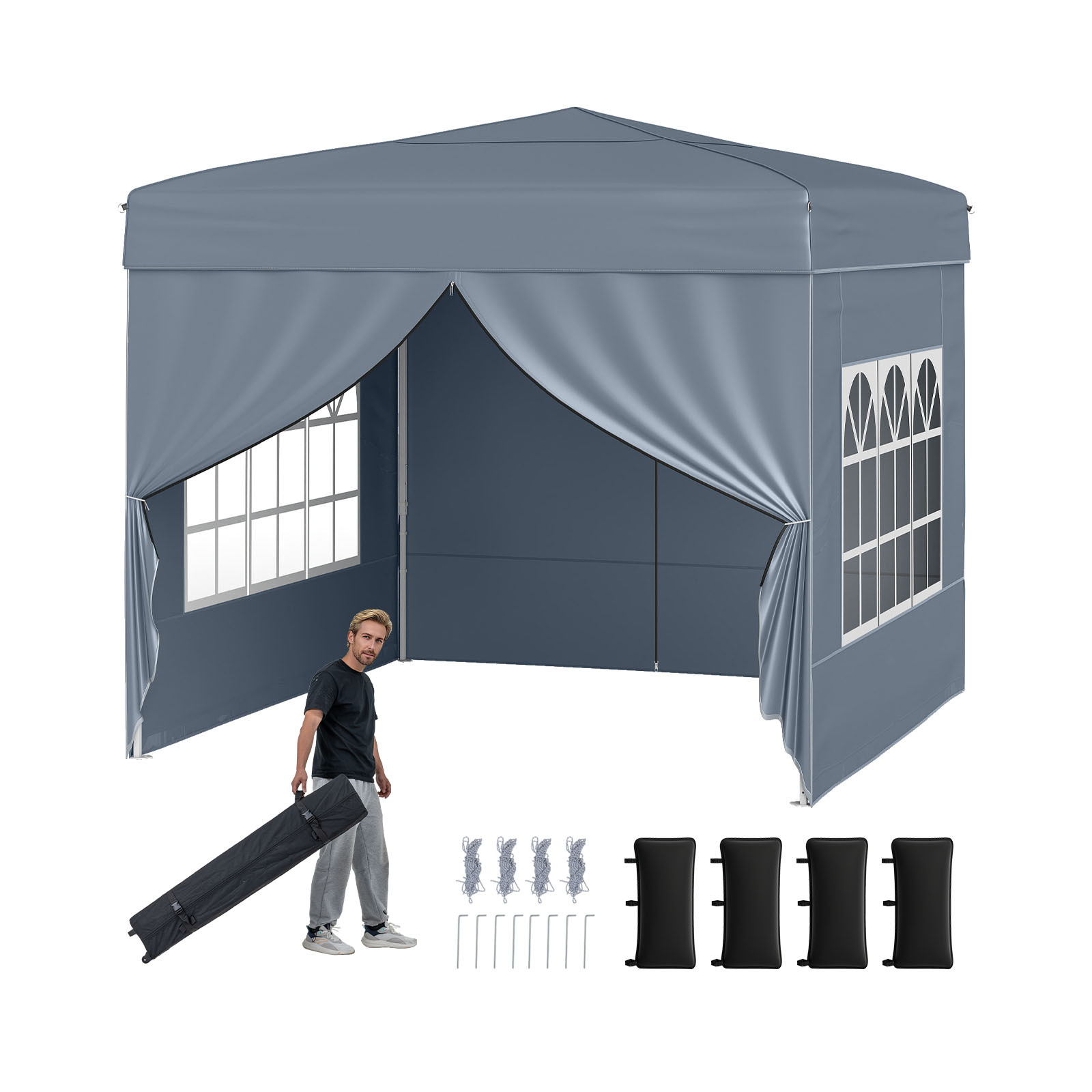 Costway Tonnelle Pliante 3x3 Imperméable Tonnelle de Jardin Exterieur avec 4 Parois Amovibles Sac à Roulettes&Fenêtres Transparentes Gris