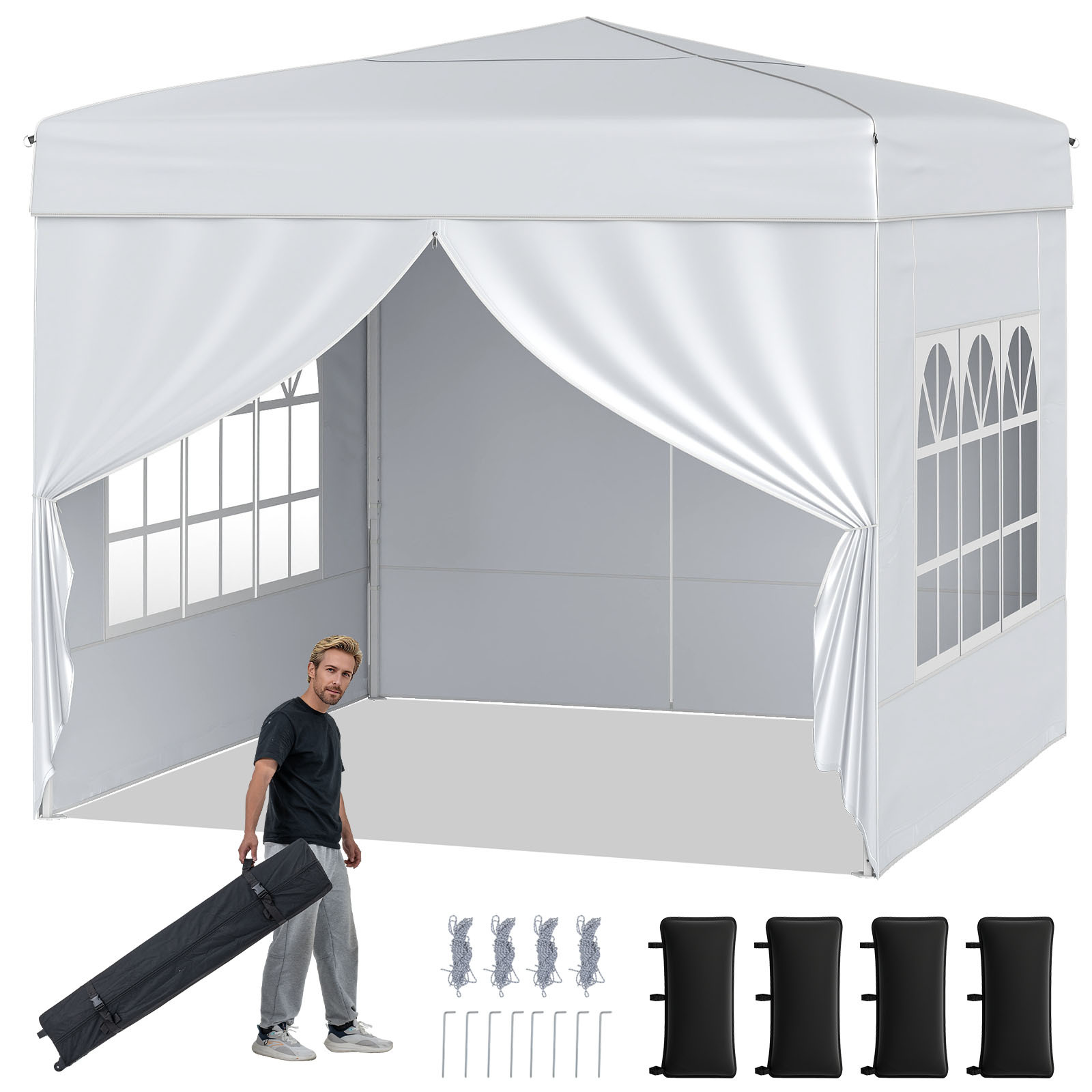 Costway Tonnelle Pliante Exterieur 3x3 Imperméable avec 4 Parois Amovibles Sac à Roulettes Réglable en Hauteur Stand Balnc