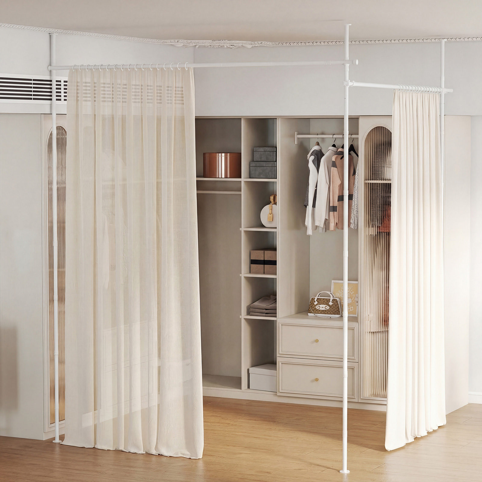Costway Tringle à Rideaux Verticale Sans Percage avec Paravent Réglable Séparateur de Pièce ou Tringle à Rideaux Tringle Rideau Brise-vue Blanc