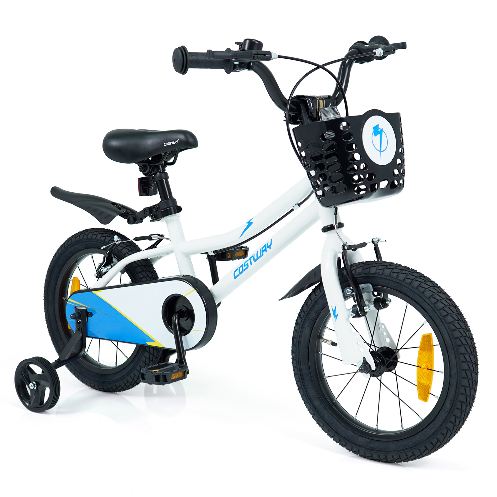 Costway Vélo Enfant 14 Pouces avec Roues Stabilisation Amovibles Guidon Selle Réglables Freins à Main Carter de Chaîne Fermé pour 3-5 Ans Blanc