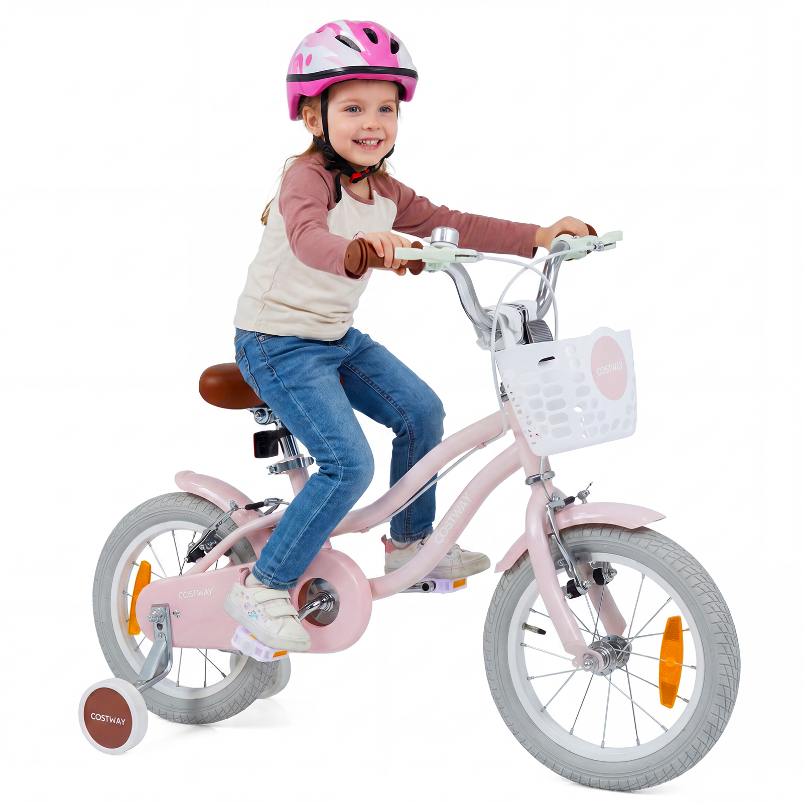 Costway Vélo Enfant 14 Pouces avec Roues Stabilisatrices Amovibles Selle et Guidon Réglables en Hauteur Freins Panier Sonnette pour 3-5 Ans Rose