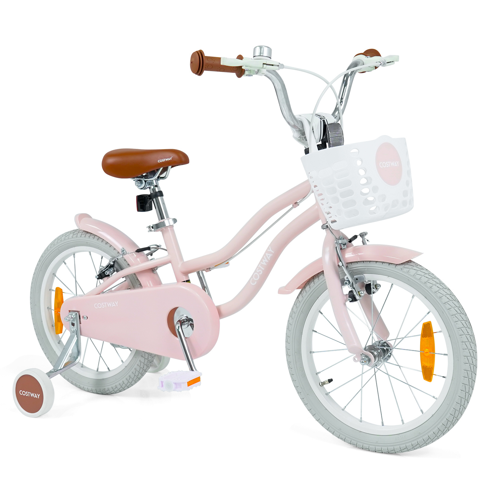 Costway Vélo Enfant 16 Pouces avec Roues Stabilisatrices Amovibles Selle et Guidon Réglables en Hauteur Freins Panier Sonnette pour 4-7 Ans Rose