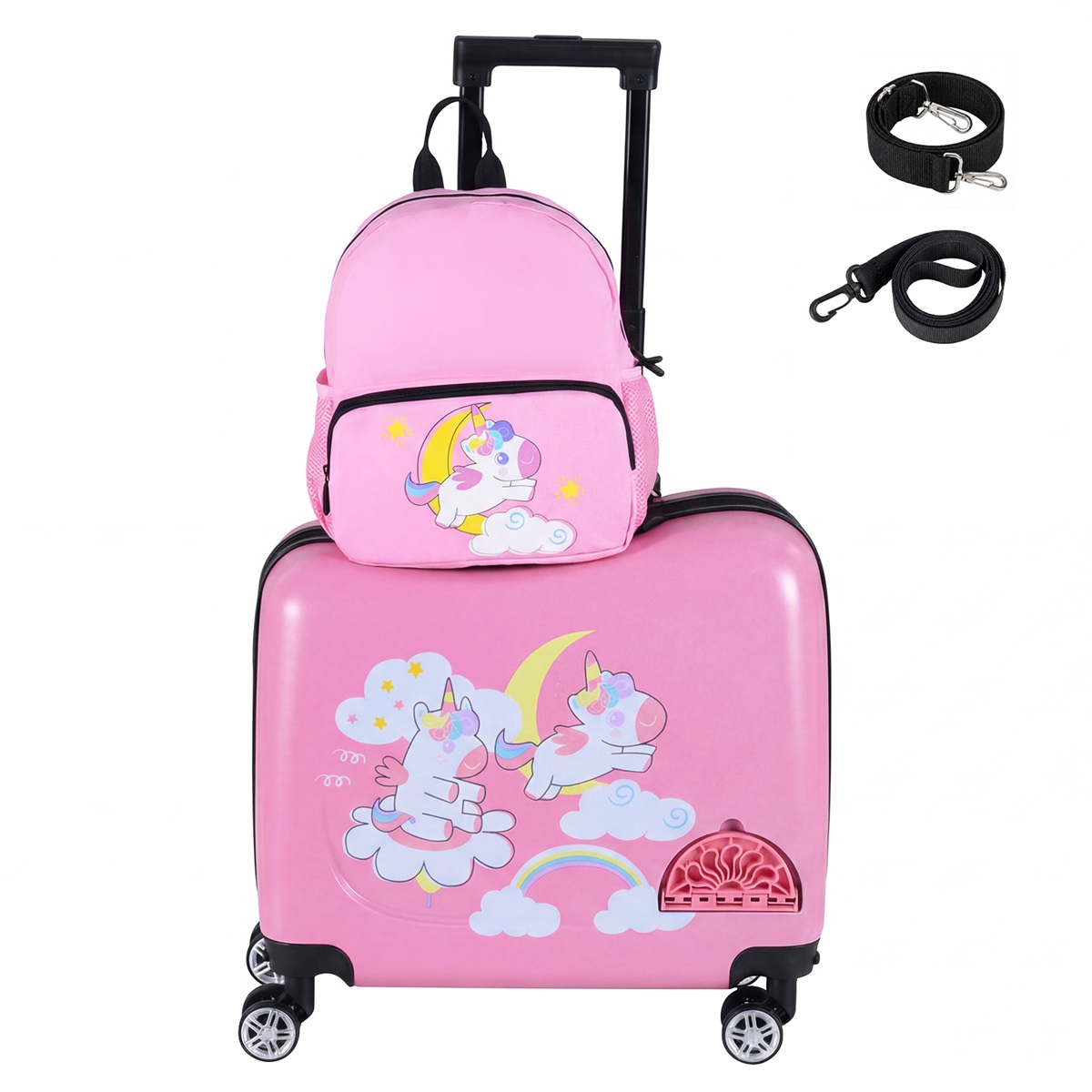 Costway Valise à Monter de 47 CM pour Enfants Set de Bagages 2 Pièces avec Roues Pivotantes Sac à Dos Corde de Sécurité Sangle de Transport Licorne
