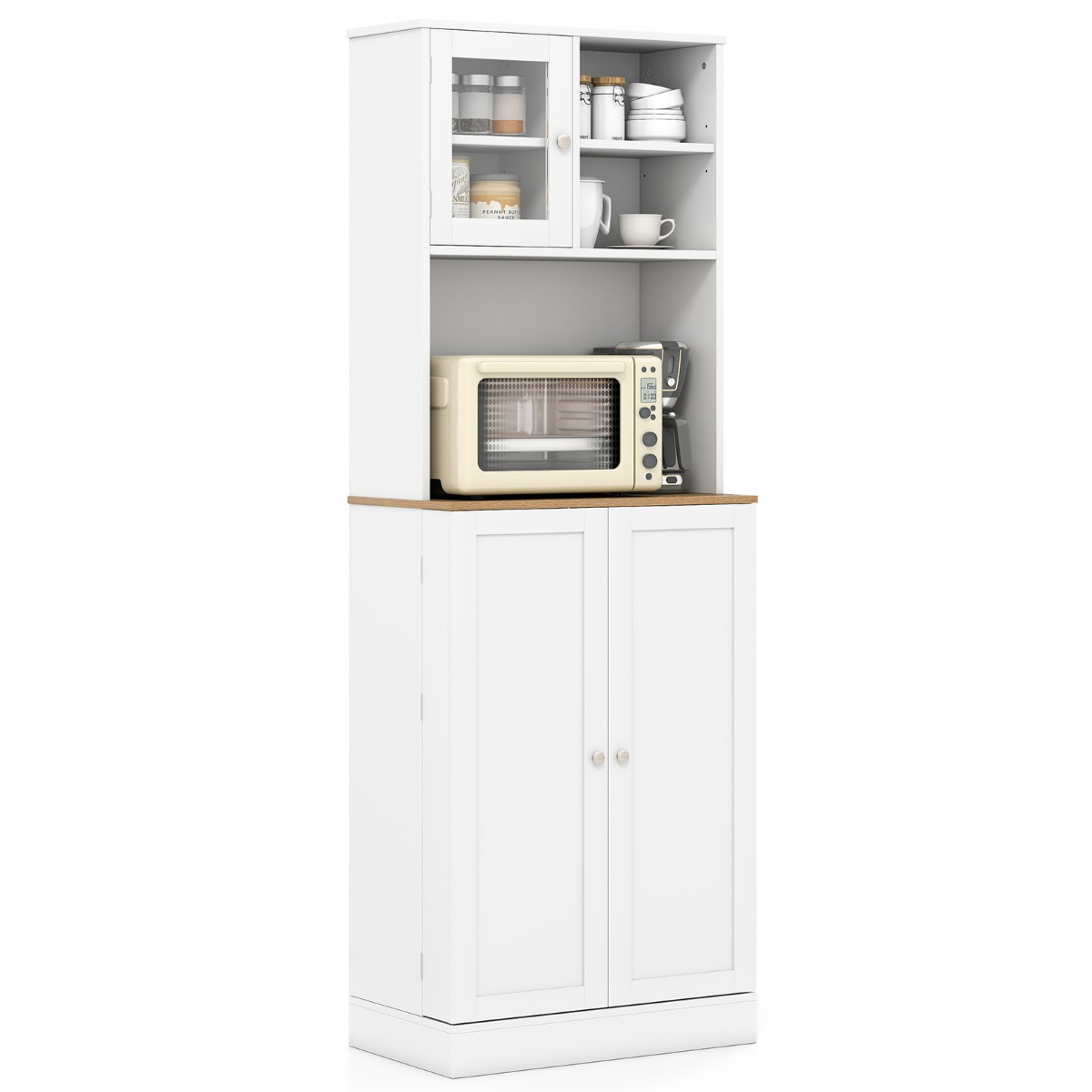 Costway Armoire de Cuisine Placard avec Étagère pour Micro-ondes 8 Étagères de Porte et 5 Étagères Réglables Buffet de Rangement avec Porte en Verre