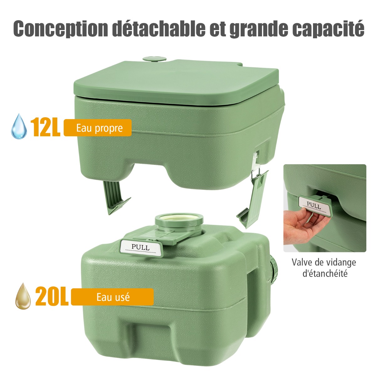 WC Chimique Portable 20L Toilette Chimique Portatif, Réservoir d'eau 10L,  pour camping, plein air, 36x35x42cm, Vert