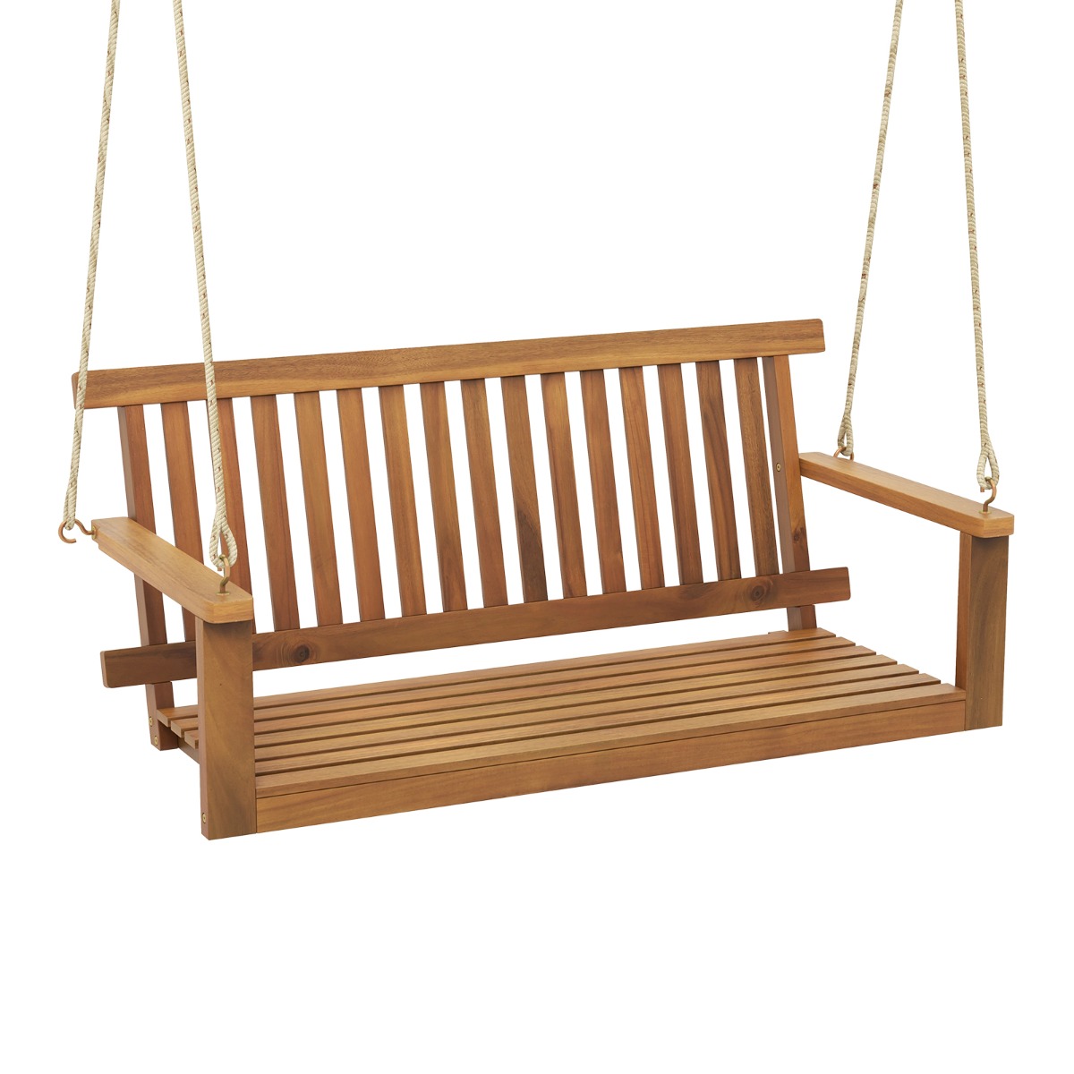 Costway Balançoire de Porche 2 Places en Bois d'Acacia avec 2 Cordes de Chanvre Suspendues Siège et Dossier à Lattes Capacité 360 Kg