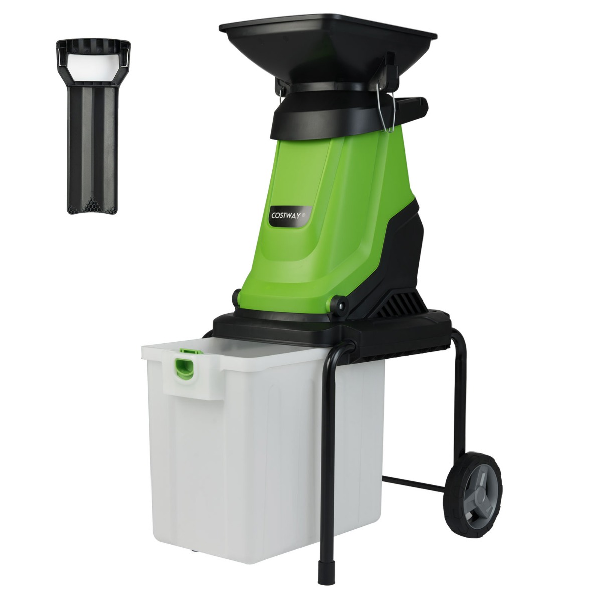 Costway Broyeur Électrique 3000W Broyeur de Jardin avec Bac de Ramassage de 50 L Diamètre de Coupe de 45 mm Trémie de Remplissage Roues Vert