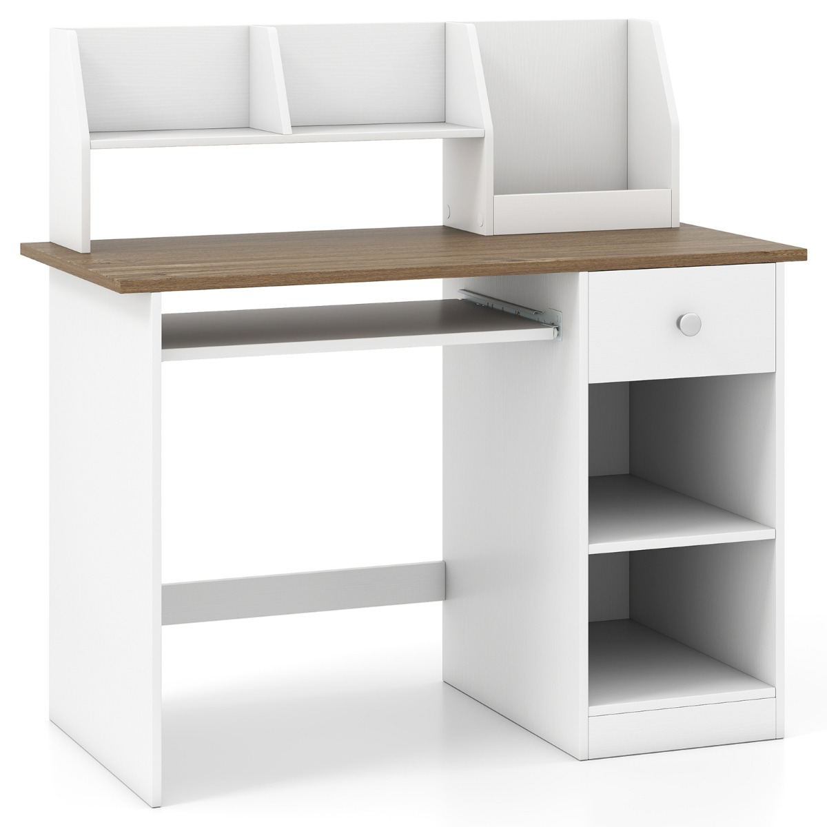 Costway Bureau d'Étudiant pour Enfant avec Plateau à Clavier et Tiroir Table d'Étude avec Étagère Latérale&Étagères Supérieures pour 3-6 Ans Naturel