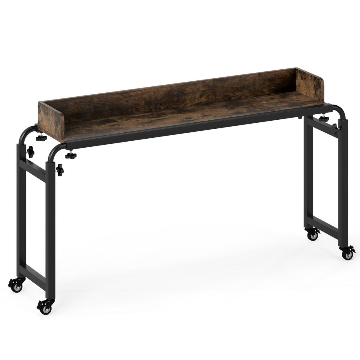 Costway Bureau à Roulettes pour Lit Bureau Mobile avec Hauteur et Longueur Ajustables Table Roulant avec Cadre en Métal Chariot Brun Rustique