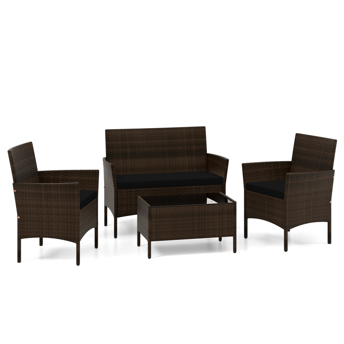 Costway Salon de Jardin en Rotin 4 Pièces Mobilier d'Extérieur en Osier avec Chaise Canapé et Table en Verre Trempé Coussins Confortables Noir
