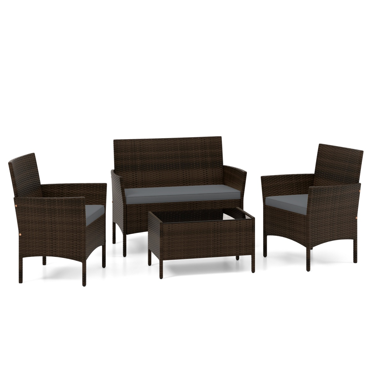 Costway Salon de Jardin en Rotin 4 Pièces Mobilier d'Extérieur en Osier avec Chaise Canapé et Table en Verre Trempé Coussins Confortables Gris