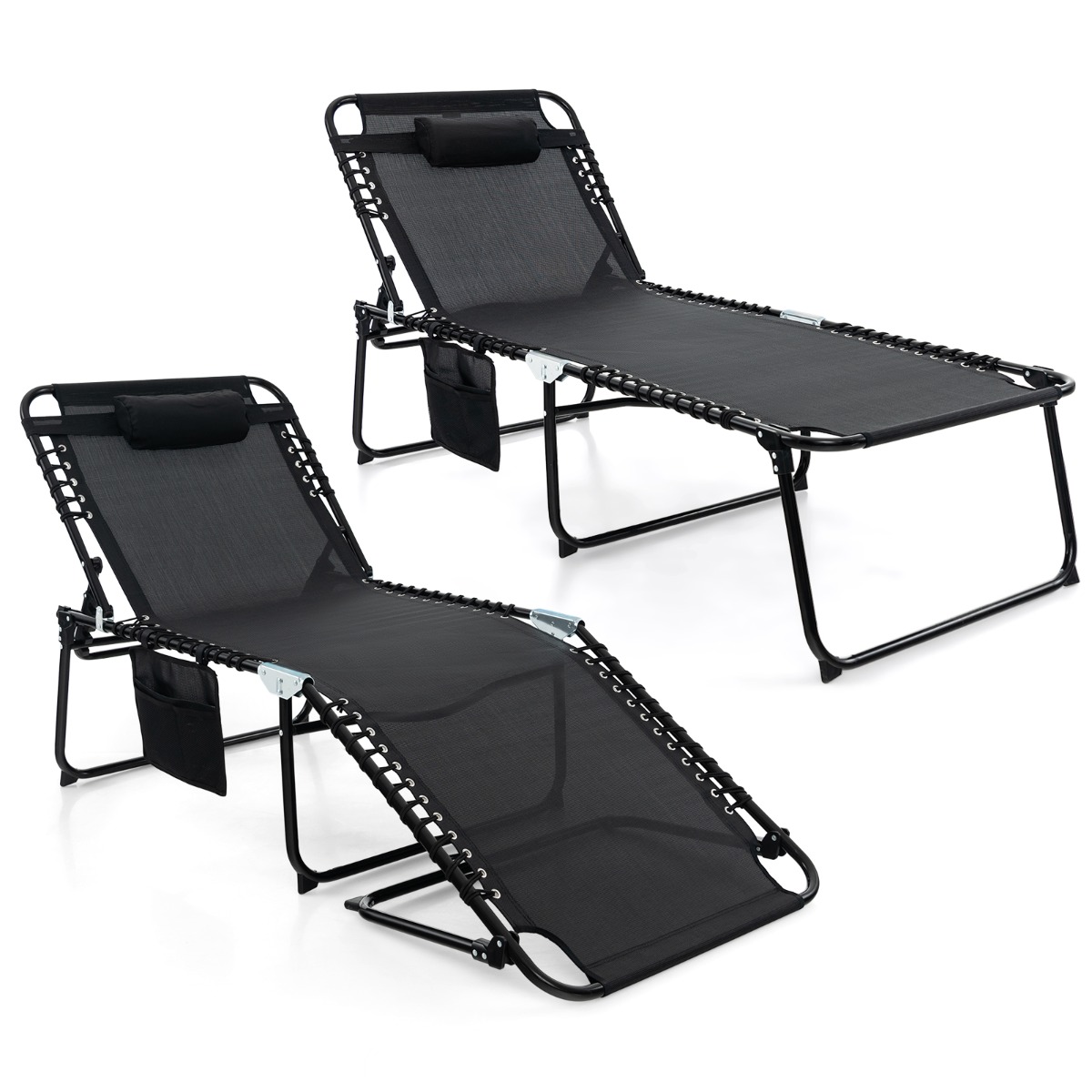 Costway Chaise Longue Pliante Surdimensionnée Chaise Longue Portable et Inclinable avec Dossier Réglable Oreiller Amovible Poche Noir