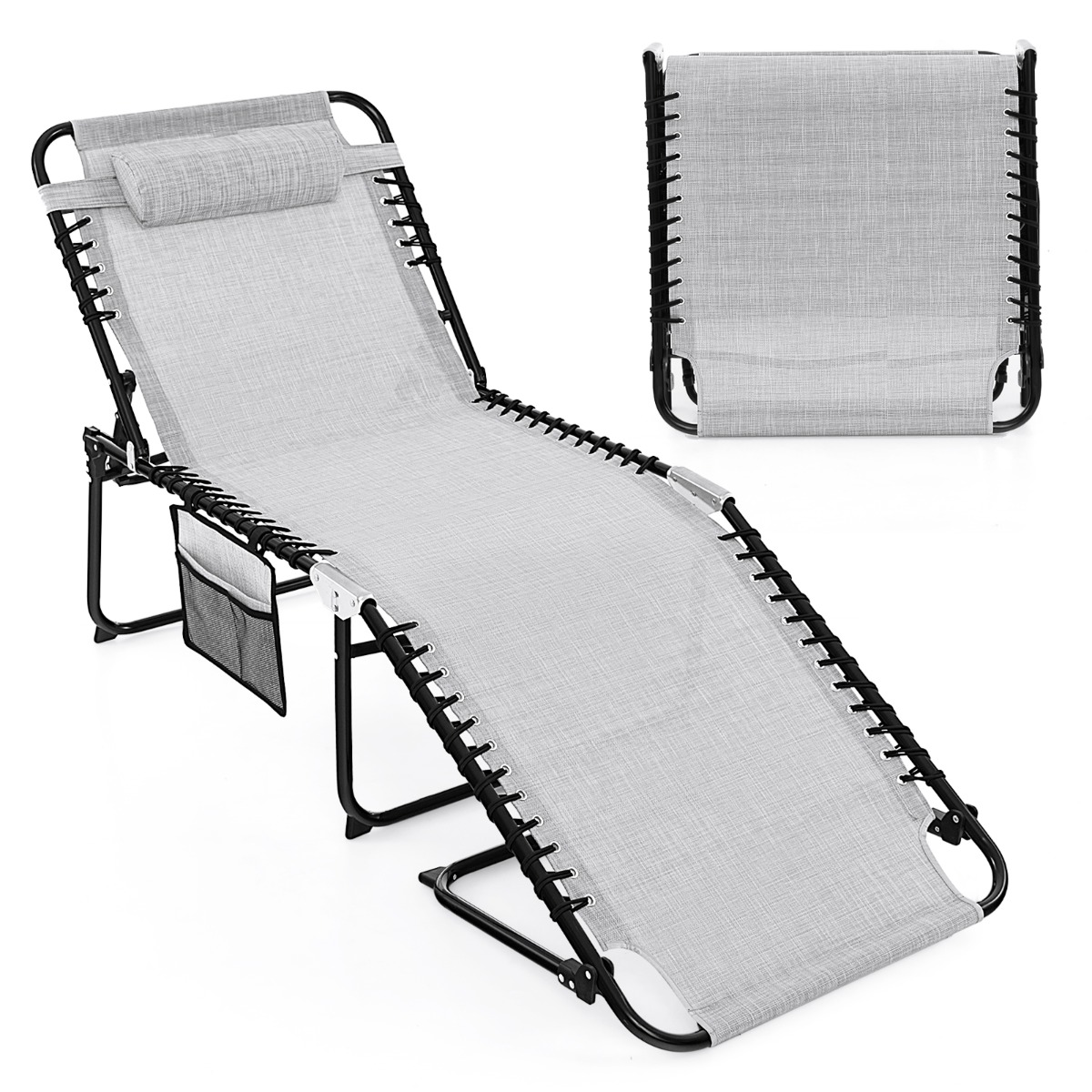 Costway Chaise Longue Pliante Surdimensionnée Chaise Longue Portable et Inclinable avec Dossier Réglable Oreiller Amovible Poche Gris