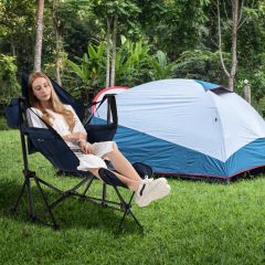 Chaise de camping avec repose-pieds amovible avec dossier réglable oreiller porte-gobelet sac de rangement Bleu