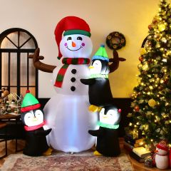 Costway Bonhomme de Neige Gonflable 1,8M Lumineux à LED avec 3 Pingouins Sac de Sable Intégré 4 Piquets et 4 Cordes Décoration Noël