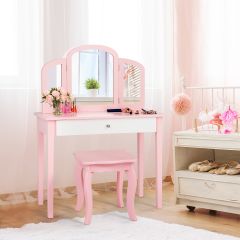Ensemble coiffeuse et chaise avec miroir pliable pour enfants table et tabouret de maquillage de style princesse Rose et Blanc