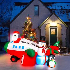 Décoration Gonflable de Noël 280cm de Long - Père Noël Gonflable en Hélicoptère - Bonhomme de Neige Pingouin Boîte-Cadeau