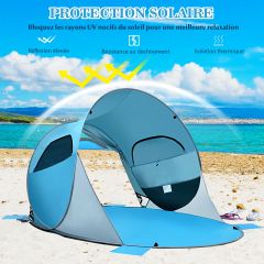 Tente de Plage Pliable Pop-up Automatique Instantanée 3-4 Personnes Anti UV 220x159x115cm avec 8 Sardines 4 Cordes d’Ancrage Bleu