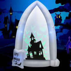 Costway 2,1 M Décoration Gonflable d'Halloween Pierre Tombale/Châteaux avec Lumières de Projection Chauve-souris/Souffleur Intégré