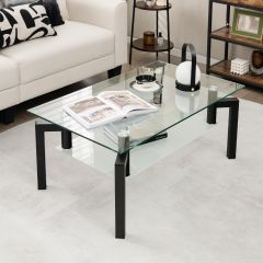 Table basse transparente en verre trempé à 2 Niveaux Table Basse Salon Moderne Rectangulaire à 4 Pieds en Fer 100 x 60 x 43 cm