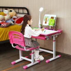 Bureau Enfant Ensemble Table et Chaise pour Enfants avec Lampe Hauteur Réglable Plaque de Table Inclinable Charge Max 80KG