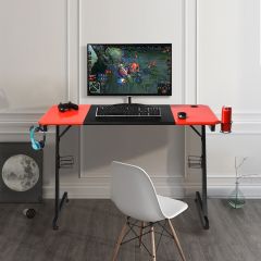 Bureau Gaming Surface en Fibre de Carbone 120x60x76CM avec Porte-gobelet Crochet pour Ecouteurs et Supports Audio Noir et Rouge