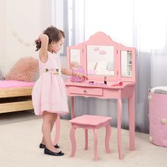 Coiffeuse Enfant Rose avec Tabouret Table de Maquillage avec Miroir à Trois Panneaux et Tiroir 70 x 34 x 104 CM Rose