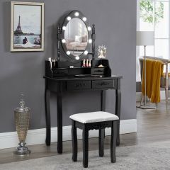 Coiffeuse Table de Maquillage avec Miroir Oval et 10 Ampoules LED à Intensité Variable 4 Tiroirs de Rangement Noir