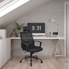 Chaise de Bureau Ergonomique Hauteur Réglable Fauteuil d'Ordinateur en Maille avec Appui-tête Pivotant Renfort Lombaire Noir