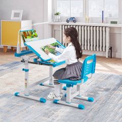 Costway Ensemble Bureau et Chaise pour Enfants avec Éclairage LED Plateau Incliné et Tiroir Coulissant Réglable en Hauteur Bleu