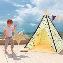 Costway Tente Tipi pour Enfants en Toile de Coton avec Fenêtre Poches Latérales Tapis de Sol et Perches en Bois 120x120x150 cm