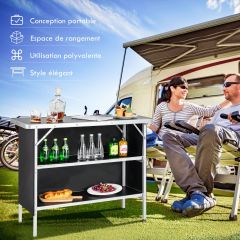 Costway Table de camping pliante 110 x 38 x 88 cm en Aluminium Tissu Oxford 3 Étagères-Sac de Transport pour Pique-Nique Jardin Café/Noir
