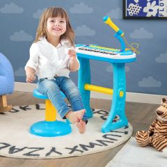 Piano pour Enfants de 3+ Ans avec 31 Touches Tabouret Microphone Effets Lumineux 8 Tonalités 7 Rythmes 45x23x45cm Bleu