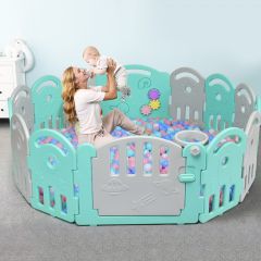 Costway Parc Bébé en Plastique avec 14 Panneaux avec Porte Serrure pour Enfant 6-36 mois Gris et Vert