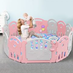 Costway Parc Bébé en Plastique avec 14 Panneaux avec Porte Serrure pour Enfant 6-36 mois Gris et Rose