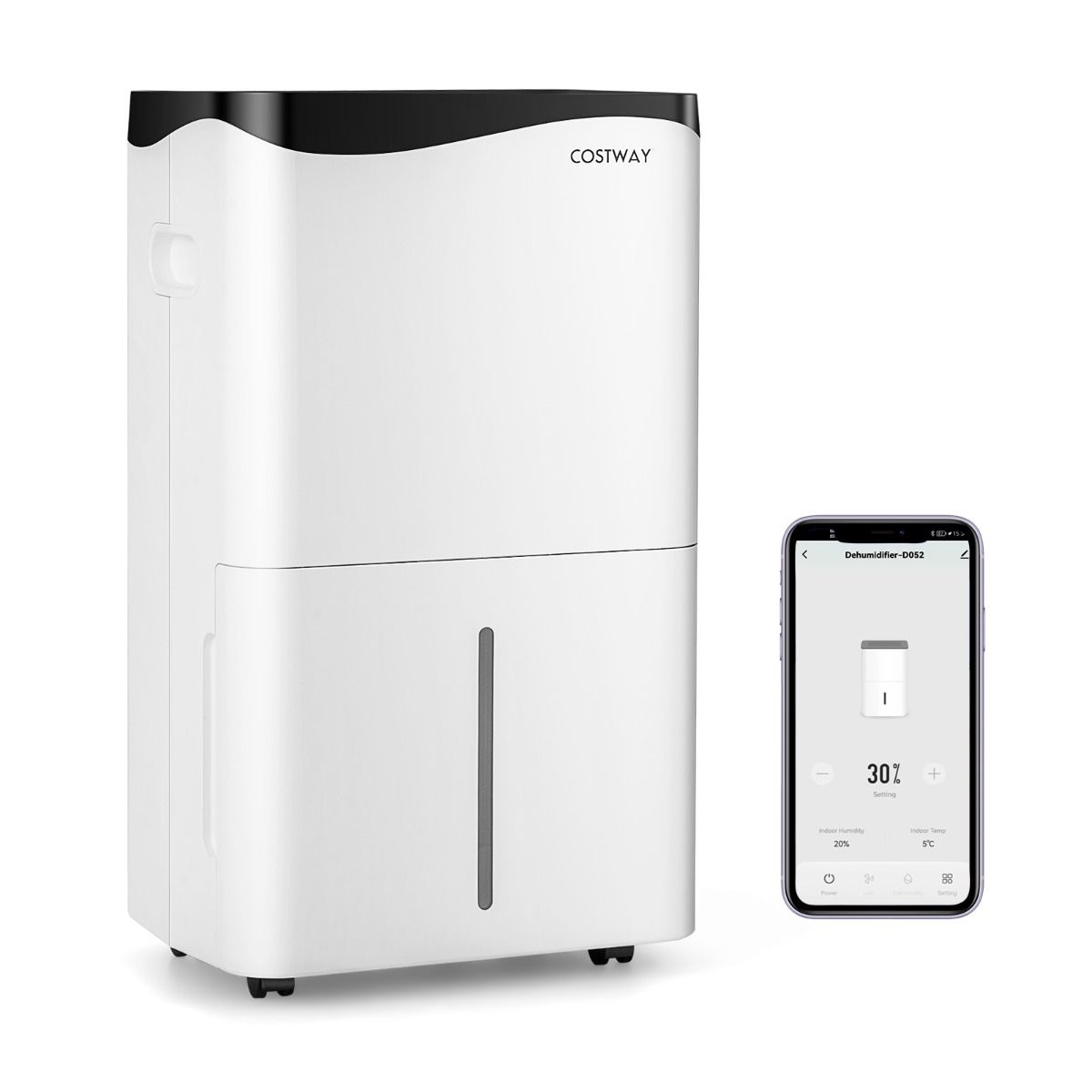 Déshumidificateur connecté blanc et noir Costway 50 litres référence 10976428 présenté avec son application mobile