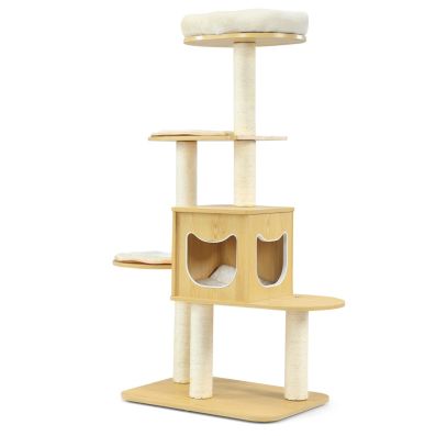 Arbre à Chat Feandrea 135 Cm – 4 Niveaux – Gris Clair – Niche Et Griffoirs