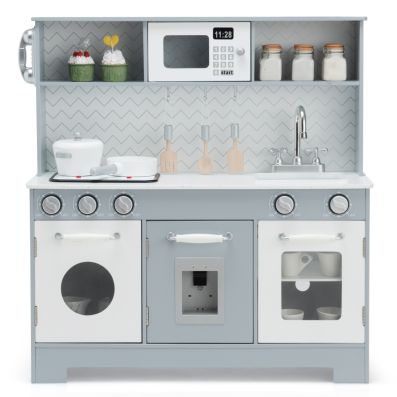 Grande cuisine en bois pour enfants, cuisine de jeu Deluxe avec robinet, évier, tableau noir, barbecue et espace de rangement
