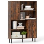 Bibliothèque avec 2 Portes 4 Étagères Ouvertes Buffet Cuisine avec 5 Pieds en Métal Meuble de Rangement en Bois 80 x 24 x 119,5 cm Marron