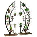 Lot de 2 Étagères à Fleurs en Métal à 7 Niveaux Porte Plantes en Forme de Demi-lune avec Dispositif Anti-renversement 60 x 30 x 155 CM Blanc/Naturel