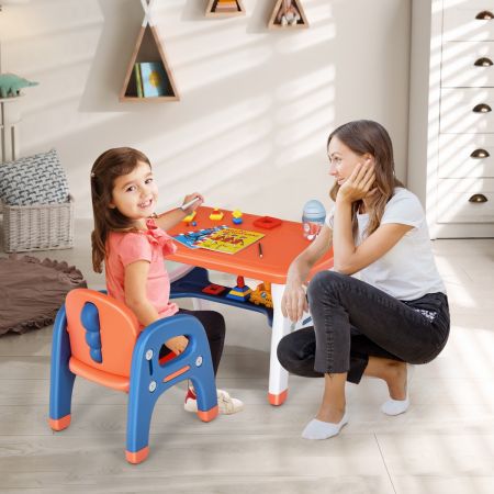 Costway Ensemble Table et Chaise pour Enfants avec Décor Dinosaure Jeux de Construction Plateau de Rangement Plastique Bleu+ Orange