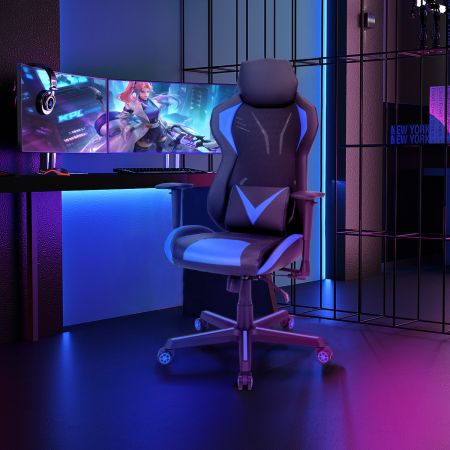 Costway Chaise Gamer Fauteuil de Gaming Ergonomique à Roulettes Pivotante avec Support de Colonne Vertébrale 3D Bleu et Noir
