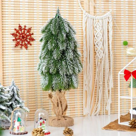 Costway Sapin de Noël Artificiel de Table 49 cm Miniature avec Branches en PE Couvert de Neige Support en Ciment Enveloppe en Jute