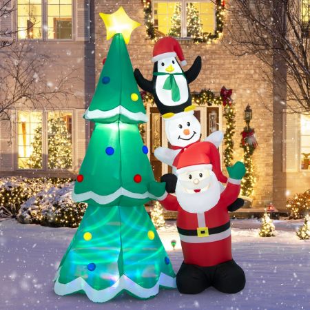 Costway Décoration de Noël Gonflable Sapin de Noël 266cm avec Père Noël Bonhomme de Neige et Pingouin Lumière Disco Multicolore