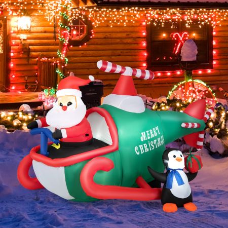 Costway Père Noël Gonflable Décoratif 190CM de Long avec Hélicoptère/Pingouin/Cadeau Décoration de Noël avec Lumières LED Gonfleur